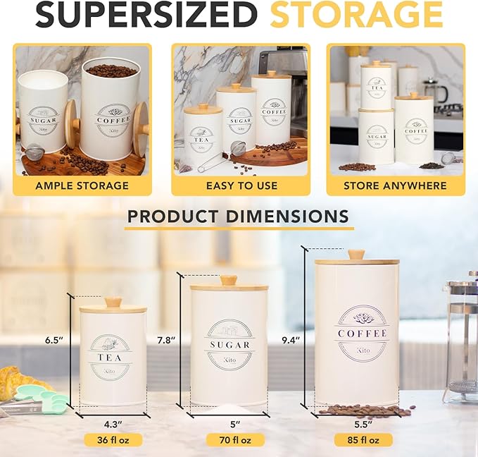 Canisters Sets for Kitchen Counter Storage and Organization with Wooden Bamboo Lids, Food Pantry Containers, Stackable Steel Storage Bins, Airtight Sugar Tea Coffee Canisters - Cream