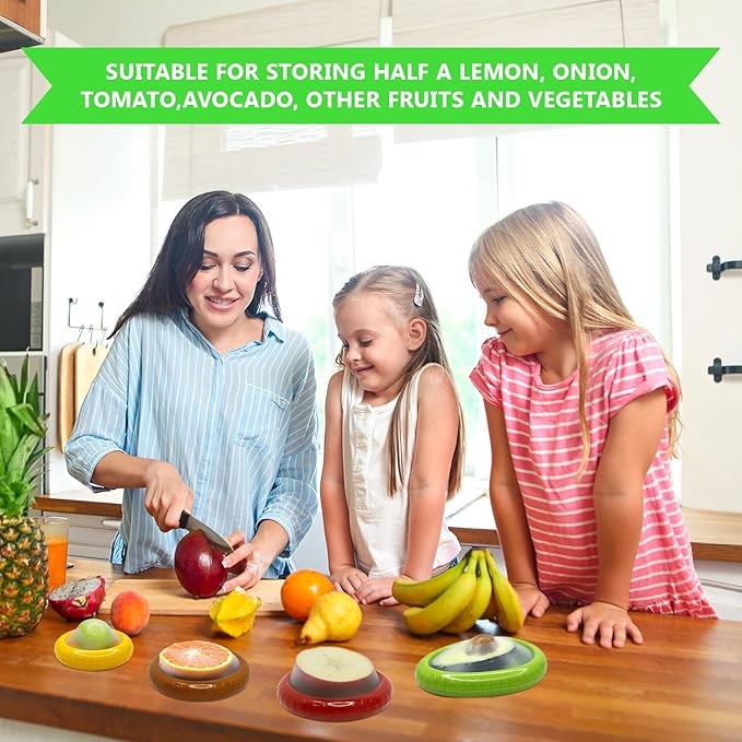 Avocado Saver and Onion Holder -Set of 4 Reusable Fruit and Veggie Savers for Fridge - BPA-Free, Prevent Flavor Mixing, Keep Fresh (Green, Brown, Red And Yellow)
