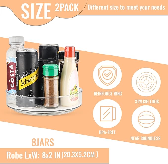 2 Pack Lazy Susan Organizer for Cabinet:Lazy Susan Turntable (8 Inch) with Non-Slip Mat and Handles,Turntable Rack for Kitchen,Pantry,Refrigerator,Bathroom and Vanity Countertop