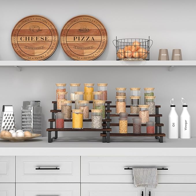 4 Tier Expandable Spice Rack Organizer (13.8” to 26”) Display Riser Stand, Kitchen Cabinet Countertop Pantry Coffee Bar Display Shelf for Spice, Liquor, Figure (2Pack-4Tier-Rustic Brown)