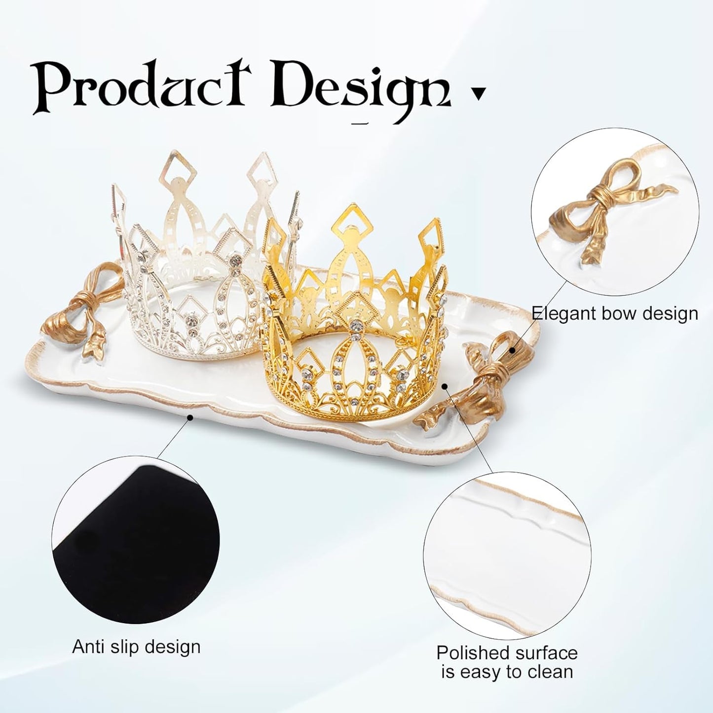 Vintage Decorative Tray Jewelry Tray Towel Tray Storage Tray Rings Necklace Bracelets Earrings Trays Cosmetics Jewelry Organizer Retro Design Bow Decor Resin Plate Coquette Room Decor (White)