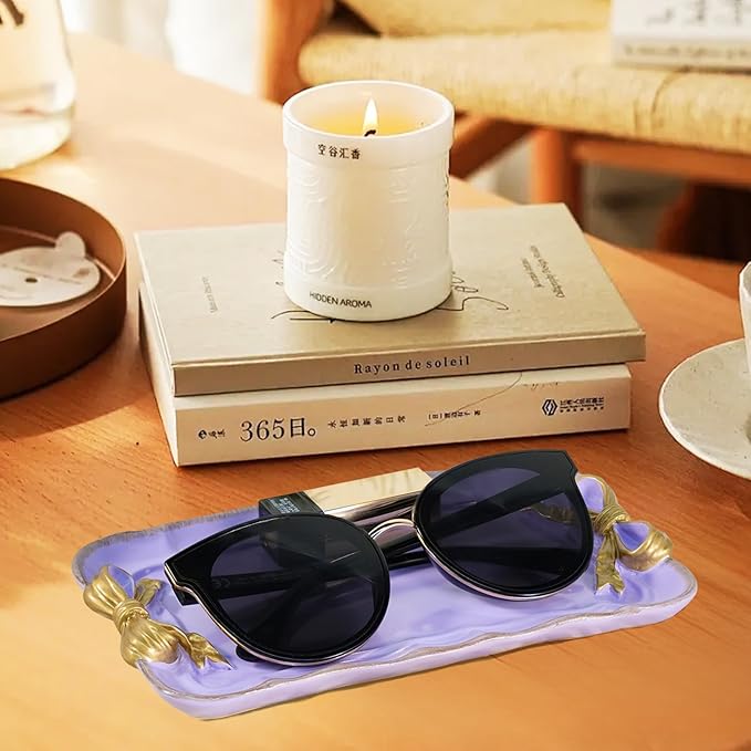 Vintage Decorative Tray Jewelry Tray Towel Tray Storage Tray Rings Necklace Bracelets Earrings Trays Cosmetics Jewelry Organizer Retro Design Bow Decor Resin Plate Coquette Room Decor (Purple)
