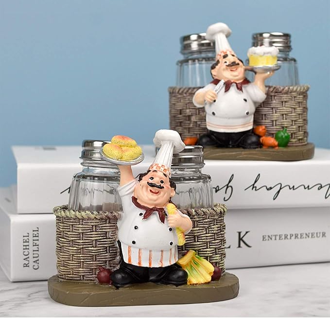 Salt and Pepper Shakers Set,Sitting Chef Decorative Statue Spice Organizer,Glass Spice Jars with Holder Figurine Gift for Family,Kitchen,Restaurant, Cafe,Bakery (Bread)