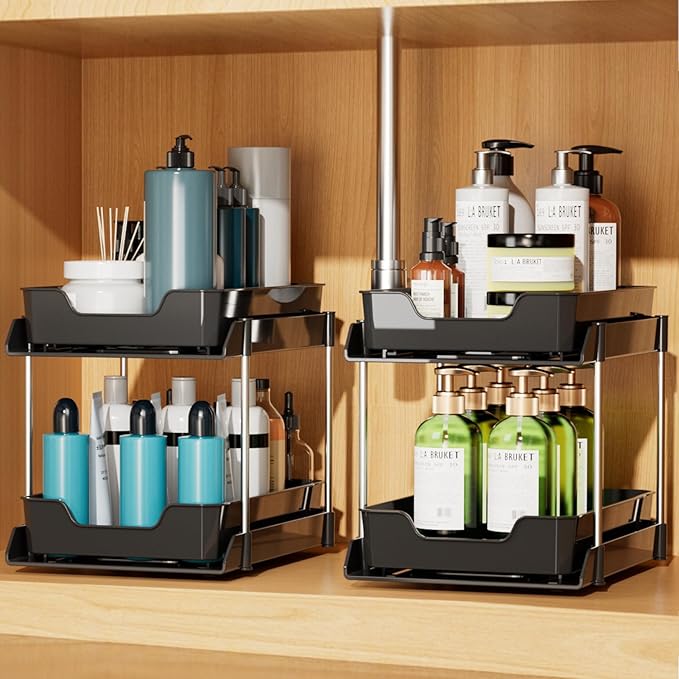 2 Pack Bathroom Under Sink Organizers and Storage, 2-Tier Pull Out Cabinet Organizer and Medicine Storage Shelf,Fit Cabinets, Kitchens,Food Pantry. (Black,10.63" L x 8.0" W x 8.46" H).