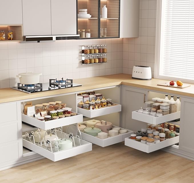 2 Pack Pull out Cabinet Organizer 21" Deep With Raising Pad for Framed Cabinets, Expandable Slide out Drawers for Kitchen Cabinets with 4pcs Divider Racks, Roll out Shelves 9"-14" W White