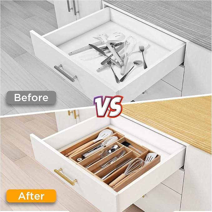 Expandable Silverware Organizer Utensil Drawer Organizer,14 Inch Silverware Tray for Kitchen Drawer,Bamboo Flatware Tableware Cultery Caddy Tray Home Essentials Utensils Holder,15"D x 14"W x 2"H