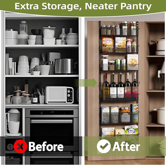 Over The Door Pantry Organizer, 6-Tier Metal Hanging & Wall Mount Spice Rack, Kitchen Storage Room Organization
