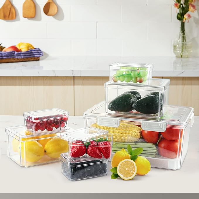 7 Pack Fresh Food Storage Containers, Produce Saver Box with Drain Baskets & Lid, Reusable Fridge Organizer, BPA-Free Airtight Fruit Organizer for Refrigerator, Stackable Plastic Fruit Veggie Saver