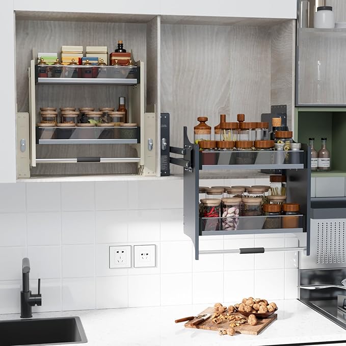 30~32'' Pull Down Shelf for Kitchen Upper Cabinet, Heavy Duty Cabinet Organizer, 2 Tier Kitchen Cabinet Pull Down Shelf Large Storage Space, Grey