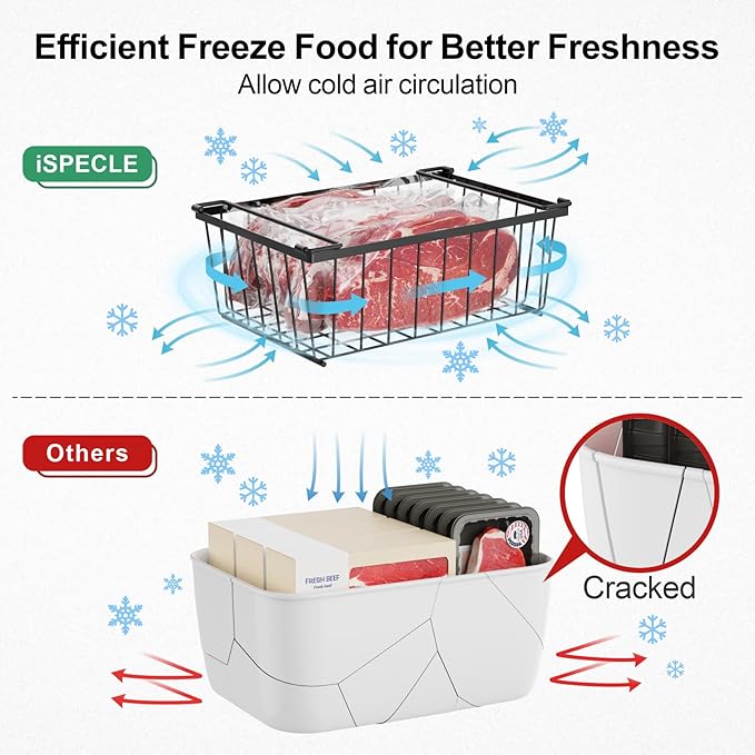 iSPECLE Chest Freezer Organizer Bins - 8 Pack Stackable Freezer Organizer for 5 to 7 Cu.Ft Freezer and Upright Freezer Over 8.5 Cu.Ft, Easy Get Food from Bottom, Add Extra Storage Space, Black