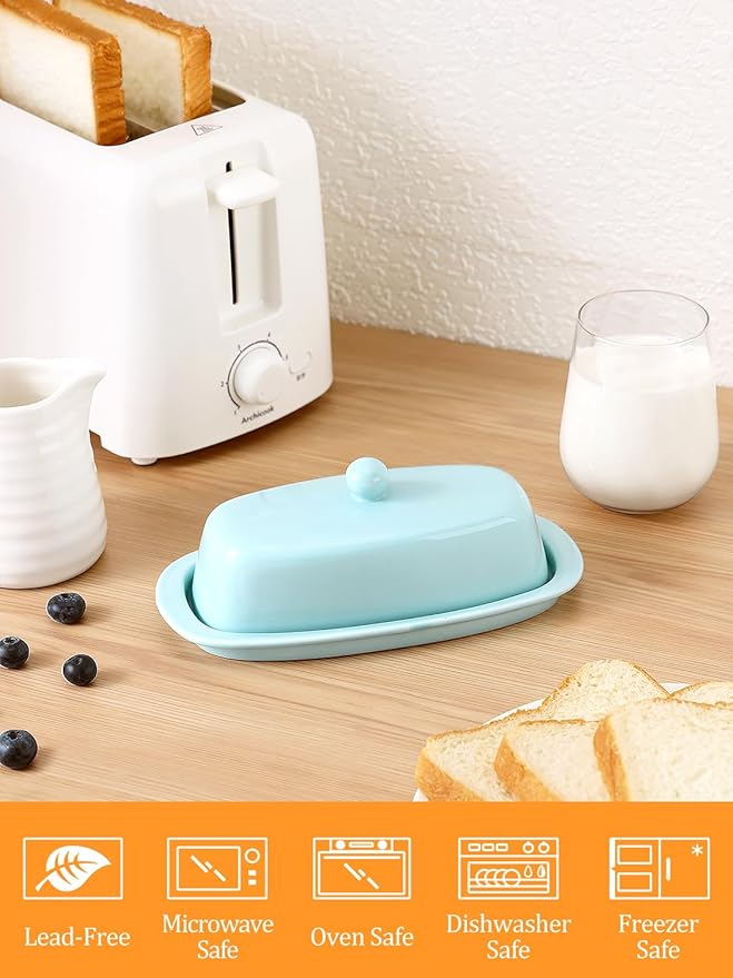 Yedio Ceramic Butter Dish with Lid for Countertop Refrigerator, 8 Inch Butter Holder with Porcelain Cover Knob Handle for East West Coast Butter Stick, Turquoise
