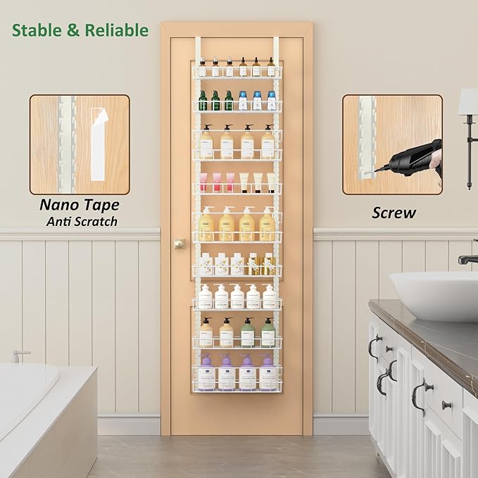 Churboro Over the Door Pantry Organizer Rack with 9 Adjustable Baskets, 9 Tiers Dual-use Hanging or Wall Mount Spice Rack Organizer, White