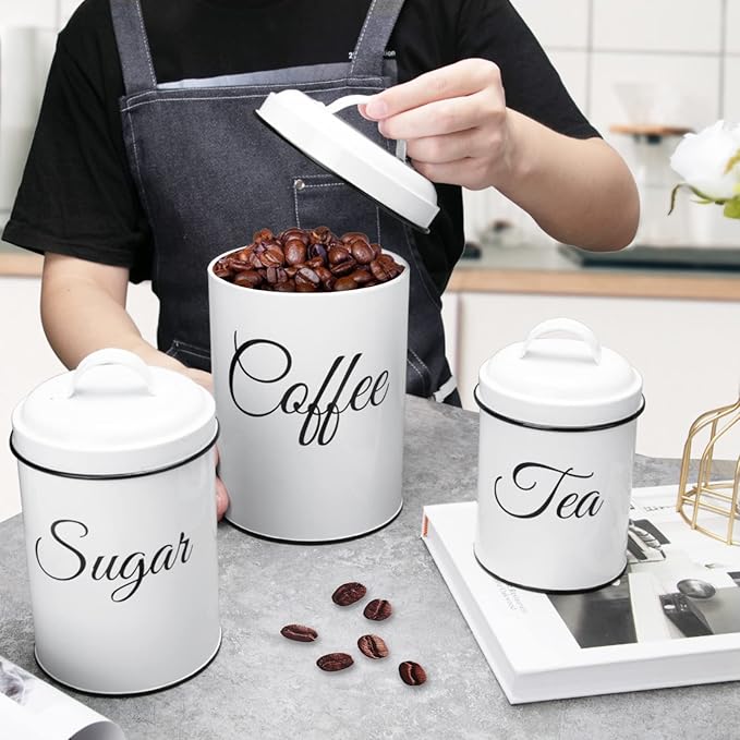 3-Piece Country Kitchen Canisters, Vintage Tea Sugar Coffee Canister Set, Rustic Farmhouse Metal Food Storage Tins for Coffee, Sugar, Tea, for Kitchen Countertop, White