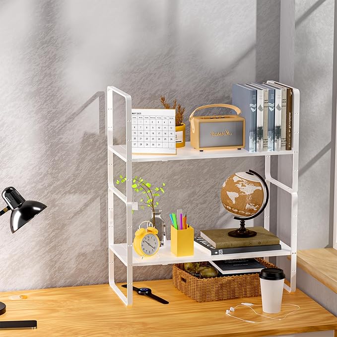 Expandable Kitchen Cabinet Shelf Organizers 2 Pack, Stackable Metal Pantry Storage Shelves Rack, Adjustable Counter Shelf for Cabinets, Countertop, Cupboard Organizers and Storage, White