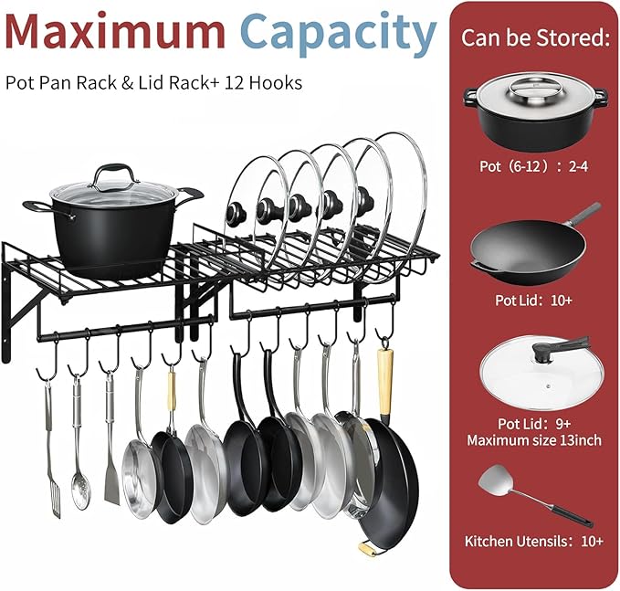 2 Packs Wall Mounted Hanging Pots and Pans Organizer Rack with 12 Hooks,For Storage Pans,Pot Lids, Cooking Utensils, Plants and Toiletries in the Kitchen,Balcony or Bathroom