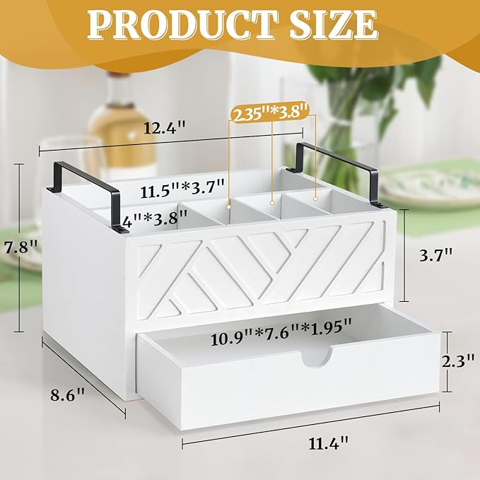 Paper Plate Dispenser with Drawer, Paper Plate Holder for Kitchen Counter, Wood Rustic Silverware Utensil Caddy, Cutlery Flatware Organizer for Cup Spoon Fork Plates Napkins, White Kitchen Accessories