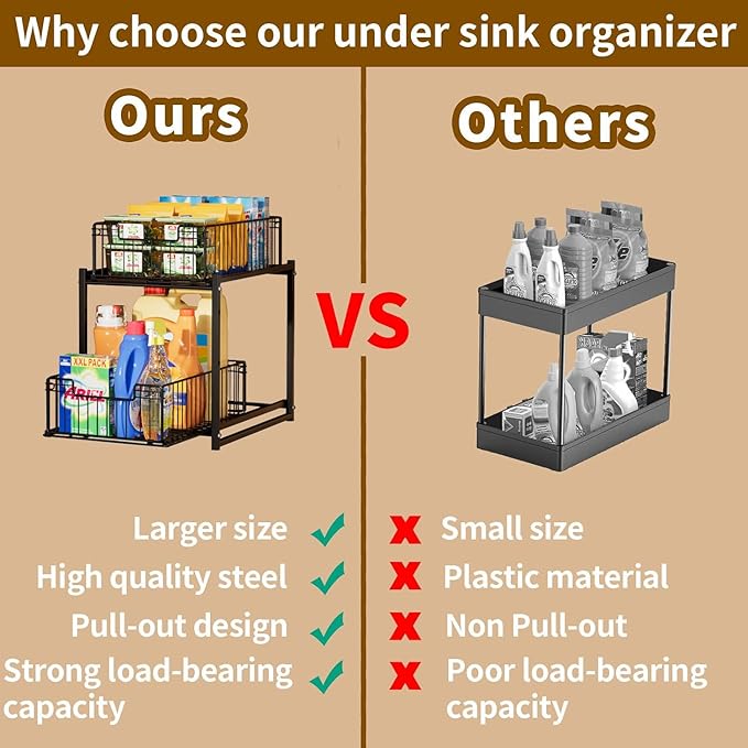 Under Sink Organizer, 2-Tier Pull Out Cabinet Organizer, Kitchen Bathroom Organizer and Storage, Spice Rack for Kitchen, Multi-use Sliding Drawers Shelves, Pack of 2