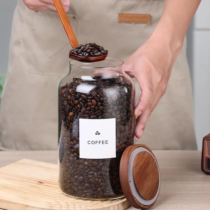 2 PCS Large Glass Jar with Airtight Wooden Lid Clear Glass Canisters with Spoon for Egg,Flour,Rice,Coffee,Cereal (2700ml × 2)