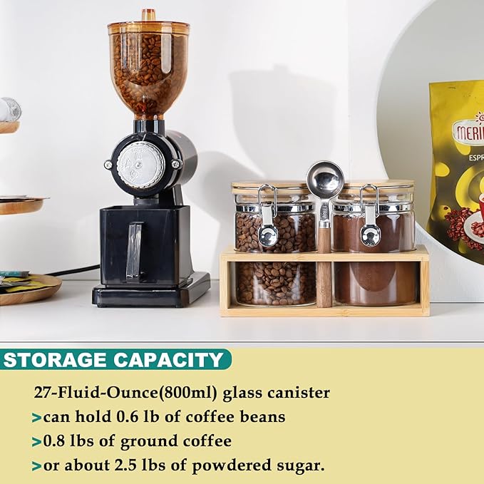 KKC HOME ACCENTS Airtight Borosilicate Glass Loose Leaf Tea & Coffee Beans Storage Jars with Bamboo Clamp Lid & Scoop - Glass Storage Canisters for Brown Sugar, Matcha, Pantry Organization - 27 Fl.Oz