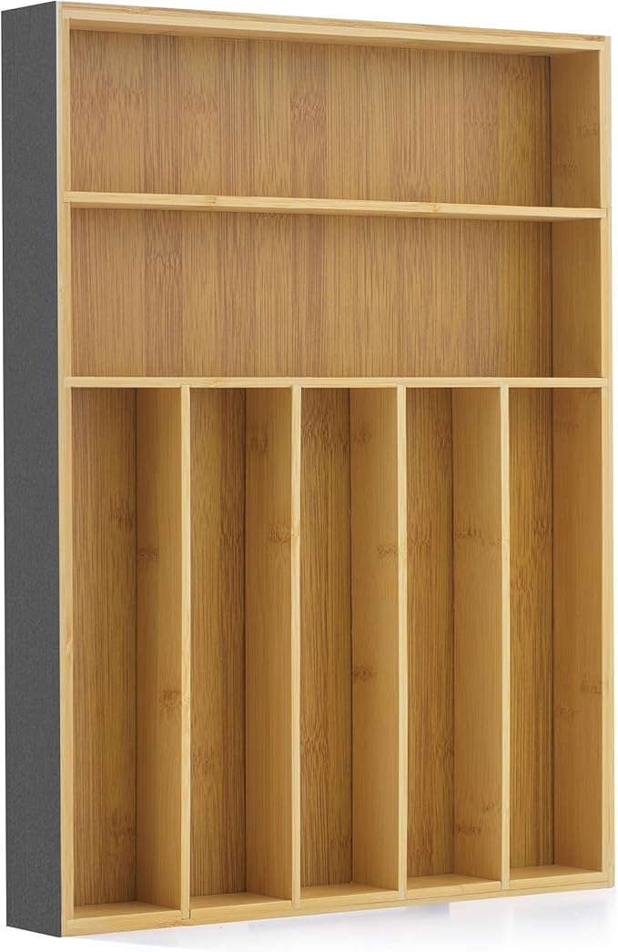 JoyJolt Bamboo Drawer Organizer, 7-Compartment Silverware Organizer, Cutlery and Utensil Organizer, Drawer Organizers for Garage, Kitchen, and Bathroom, Organizer Drawers for Kitchen Utensils