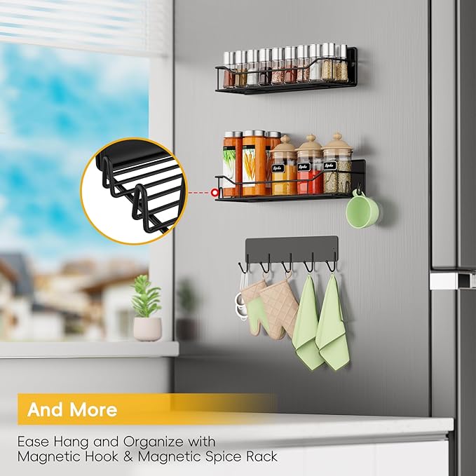 Minicloss Magnetic Spice Rack for Refrigerator - 6 Pack Magnetic Spice Rack with Magnetic Basket & Paper Towel Holder, Strong Magnetic Storage Organizer for Kitchen, Black