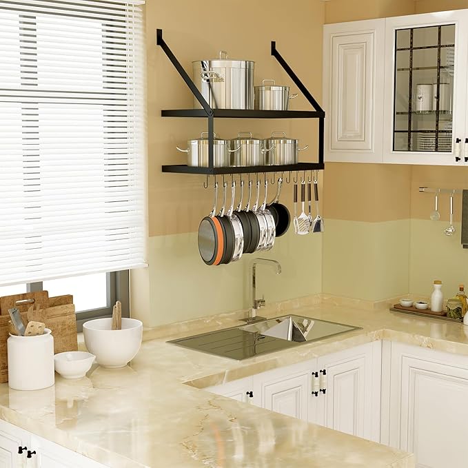 Square Grid Wall Mount Pot Rack with 2-Tier 15 Hooks, Kitchen Cookware Hanging Organizer Storage Shelf, 29.5 by 13.7-inch Black, KPR300B-BK