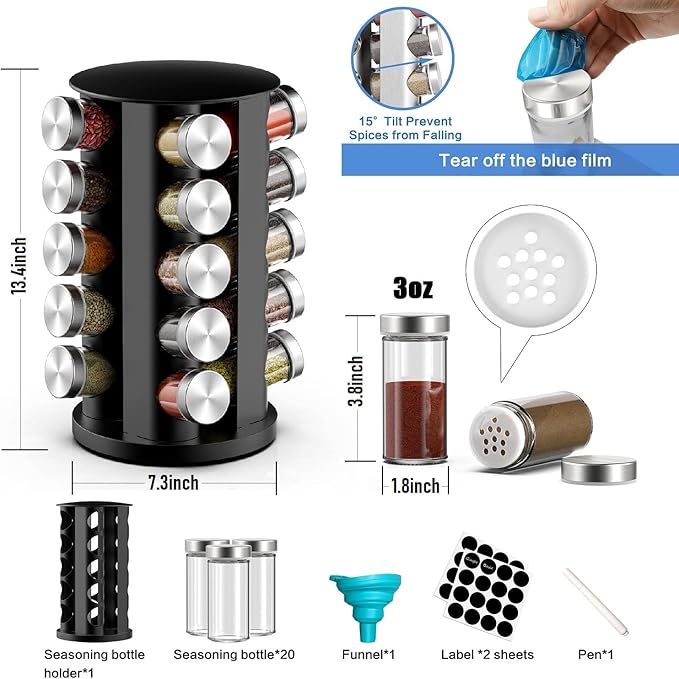 Revolving Spice Rack Organizer with 20 Jars, Spice Organizer for Cabinets Countertop, Stainless Steel Seasoning Organizer Rotating Tower Organizer Spice Storage Holder Shelf for Kitchen (No Spices)