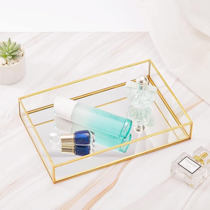 Gold Mirror Decorative Tray Jewelry Perfume Organizer Vanity Tray, Dresser Decorative Tray, Bathroom Bedroom Cosmetics Storage, 11.8"x7.9"x2"