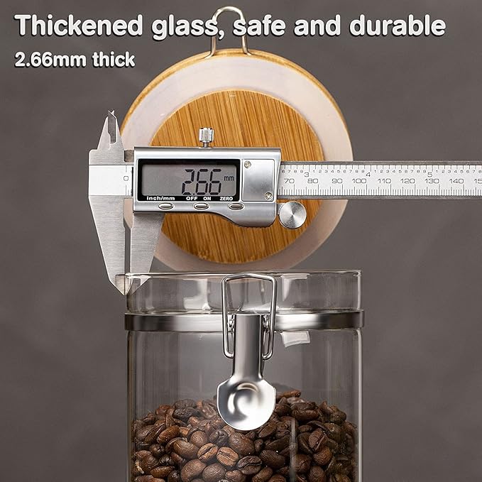Yangbaga Glass Coffee Containers with Shelf, 2 x 45 oz Coffee Bean Storage with Airtight Locking Clamp and Bamboo Spoon, Large Capacity Food Storage Jar for Kitchen