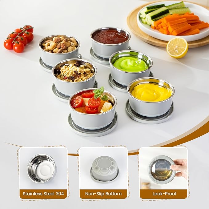 Lille Home Stainless Steel Salad Dressing Container, Leakproof Small Containers with Lids, 7.5 OZ for Condiments, Dips, Dipping Sauce Cups, Mini Food Storage, BPA Free, Set of Three