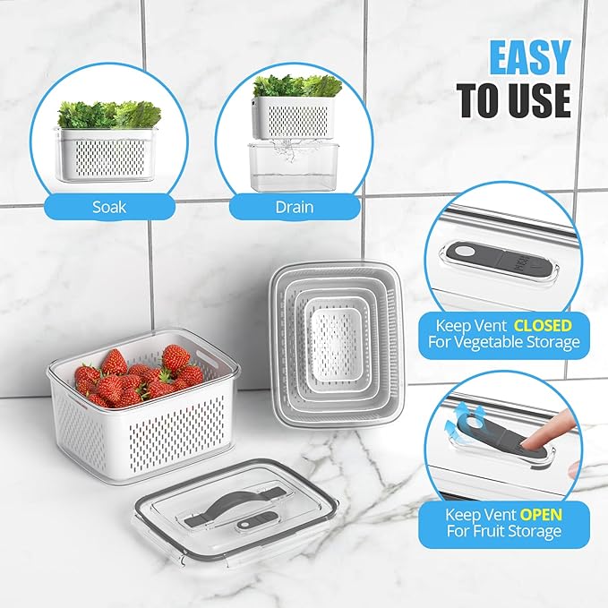 10Pack Fruit Storage Containers for Fridge - Berry Containers with Vent and Handle Lids, Fruit Containers for Fridge with Colander, lettuce keeper for Refrigerator Organizers and Storage