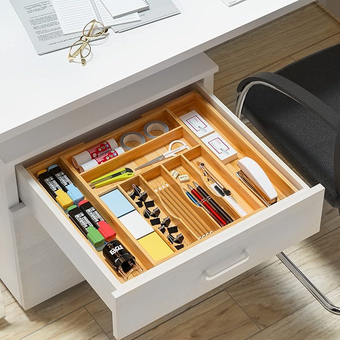 Utensil Organizer Silverware Tray For Drawer - Expandable Silverware Organizer Bamboo Flatware Organizer for Kitchen Utensils and Cutlery, Living Room Storage Box W13.5"-19.9" x L17.6" (Yellow)