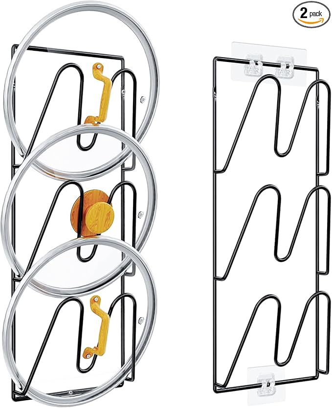 2 Pack Pot Lid Organizer 6-Tier Pots and Pans Organizer Rack for Cabinet Door,Wall & Kitchen Storage No-Drill Adhesive Pot Lid Holder Wall Mount