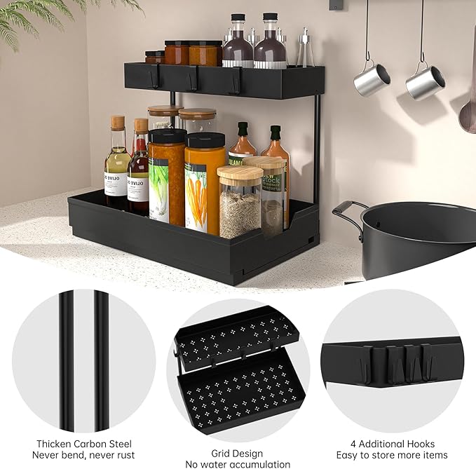 NATURE'S SOURCE 2-Tier Under Sink Organizer L-Shape Pull Out Cabinet Organizers Narrow Space Sink Shelf Storage Shelves Multi-purpose Organization Drawer for Bathroom Kitchen Pantry, 15.5 Inch, Black