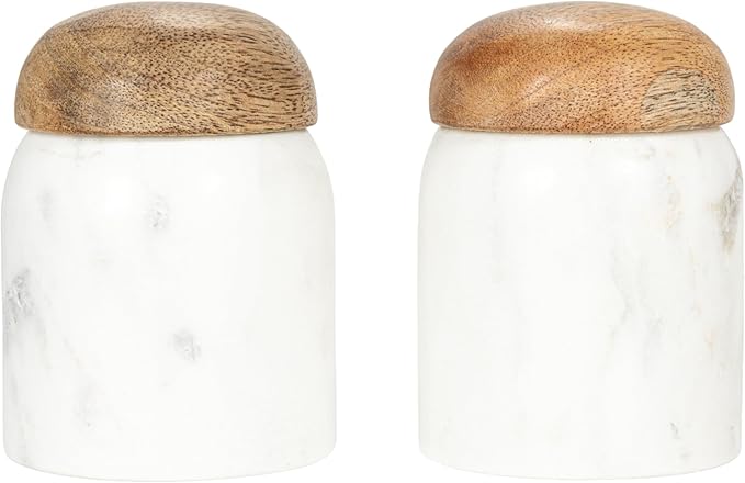 Creative Co-Op Marble and Mango Wood Pinch Pot with Lid, White and Natural