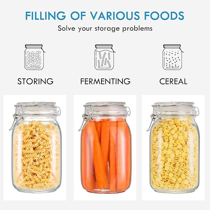 YEBODA 48oz Food Storage Canister Glass Jars with Clamp Airtight Lids and Silicone Gaskets for Multi-Purpose Kitchen Containers - Clear Square (2 Pack)