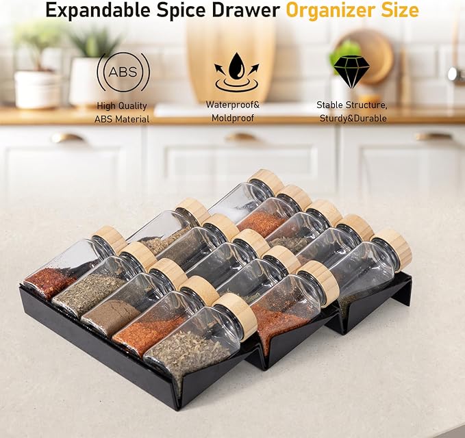 Expandable Spice Drawer Organizer, 3 Tier Seasoning Jars Drawer Insert, Spice Rack Organization for Drawer Cabinet Countertop Pantry Makeup Storage(Black)