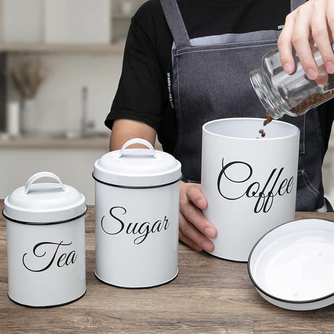 3-Piece Country Kitchen Canisters, Vintage Tea Sugar Coffee Canister Set, Rustic Farmhouse Metal Food Storage Tins for Coffee, Sugar, Tea, for Kitchen Countertop, White