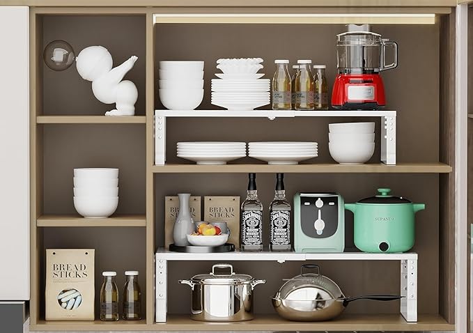 Expandable Cabinet Shelf Organizer Storage Spice Rack Shelves for Kitchen Stackable Adjustable Pantry Cupboard Bathroom Countertop Desktop(2Packs/White/Large)