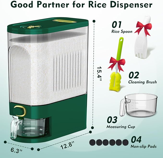 22 Lbs Rice Dispenser, Large Dry Food Storage Container with with Measuring Cup & Time Scale, Food Dispenser Kitchen Organization and Pantry Store for Cereal Dry Food (Green)
