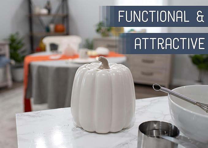 Nat & Jules Pumpkin Shaped 6 x 6 Inch Ceramic Storage Canisters: Perfect for Halloween, Thanksgiving and Indoor Fall Table Décor & Centerpieces - Set of 3, White