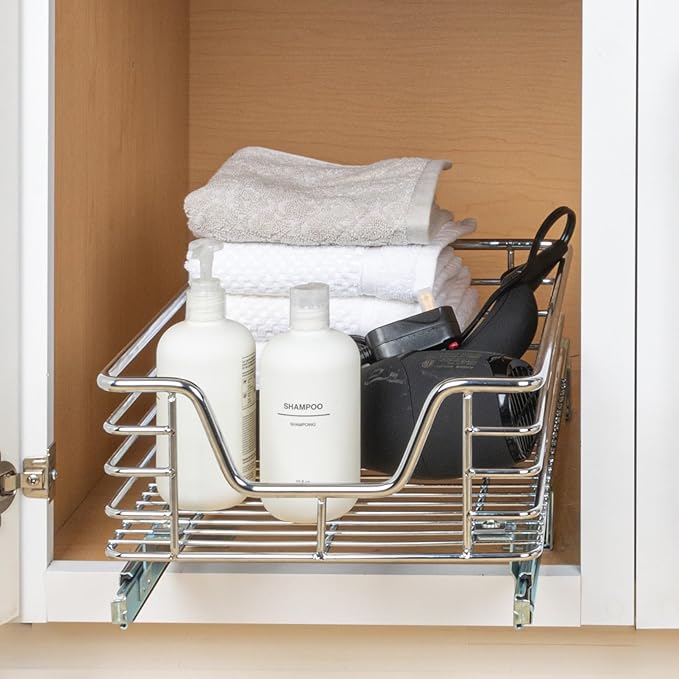 Household Essentials Glidez Chrome-Plated Steel 1-Tier Sliding Under Sink Cabinet Organizer, Chrome