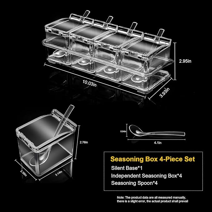 ZGWJ Acrylic Kitchen Spice Pots, 4 Piece Clear Seasoning Box Set, Storage Container Condiment Jars for Spice Salt Sugar Cruet, Seasoning Rack Spice Pots with Cover and Spoon