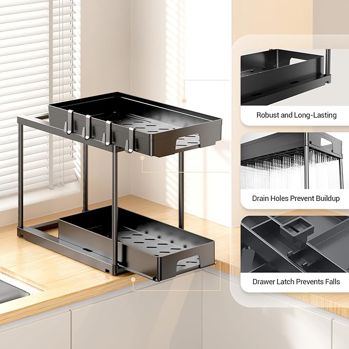 2 Pack Under Sink Organizers and Storage, Double Sliding Kitchen Bathroom Cabinet Organizer, 2 Tier Under Sink Storage for Kitchen Bathroom, Black Under Cabinet Organizer with Hooks
