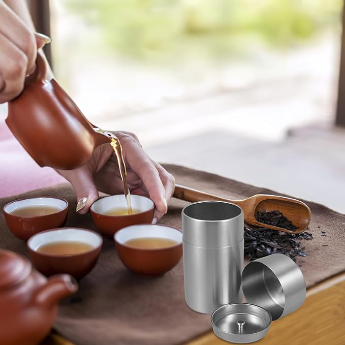 MAGICLULU Stainless Steel Tea Canister with Double Lid, Airtight Storage Container for Loose Tea, Herbs, Spices, Tea Bag Organizer for Home, Office, Kitchen, 5.51 X 3.14 Inches, Silver