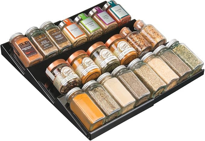 mDesign Expandable Plastic Deluxe Spice Rack, Drawer Organizer for Kitchen Cabinet Drawers, 3 Tier Slanted for Spice Jars, Food Seasoning Bottle Storage, Ligne Collection - Black