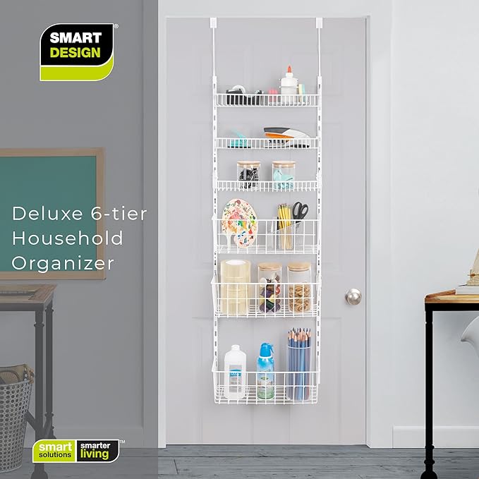 Smart Design Over The Door Pantry Organizer Rack with 6 Adjustable Shelves - Steel Metal Wire Baskets and Frame - Hanging - Wall Mountable - Cans, Spice, Storage, Closet, Bathroom, Kitchen - White