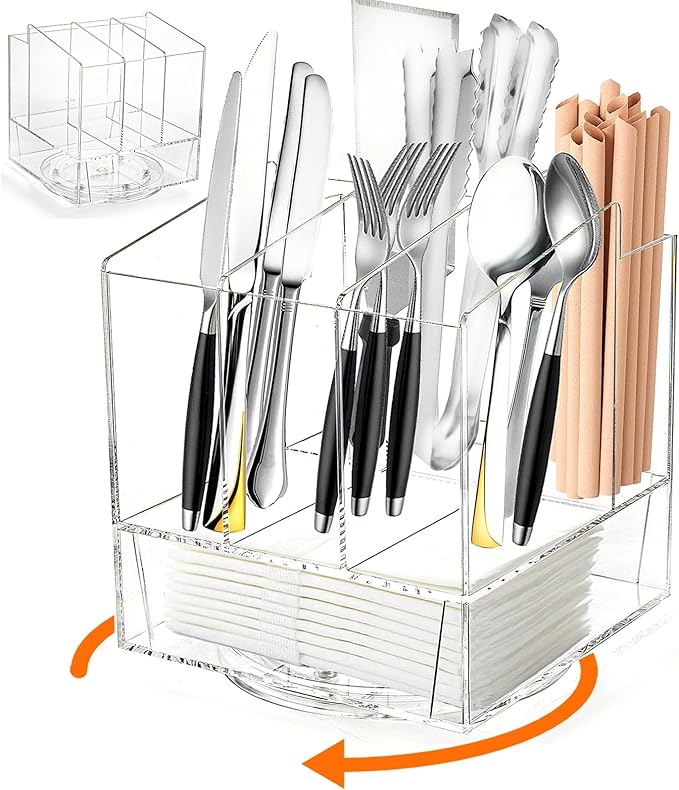 Swivel Utensil Holder, Acrylic Rotating Silverware Caddy Holder for Party, Countertop Flatware Caddy Cutlery Holder for Kitchen, Clear Napkin Holder Table Organizer Holds Fork, Spoon, Knife