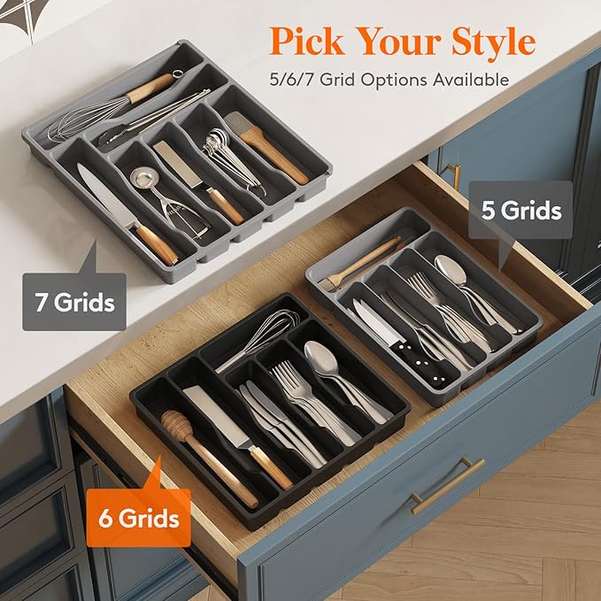 Lifewit Silverware Drawer Organizer Tray, Plastic Cutlery Storage for Kitchen Drawer, Flatware and Utensil Holder Divider for Spoons Forks Knives Tableware, 6 Compartment, Black