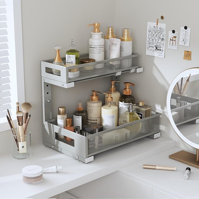 1 Pack-11.4"-16.14" H Under Sink Storage Organizer, Large 2-Tier Elegant Mesh Pull Out Shelf for Kitchen & Bathroom Cabinet Organization, L-Shaped, Adjustable Height - Space-Grey
